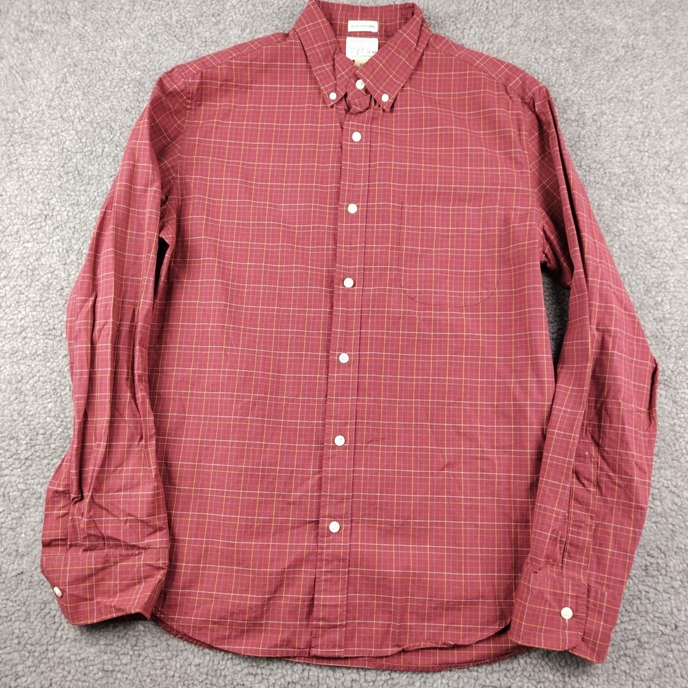 J.Crew Cotton Button Down Men Medium Slim Untucked Red Plaid Stretch EUC